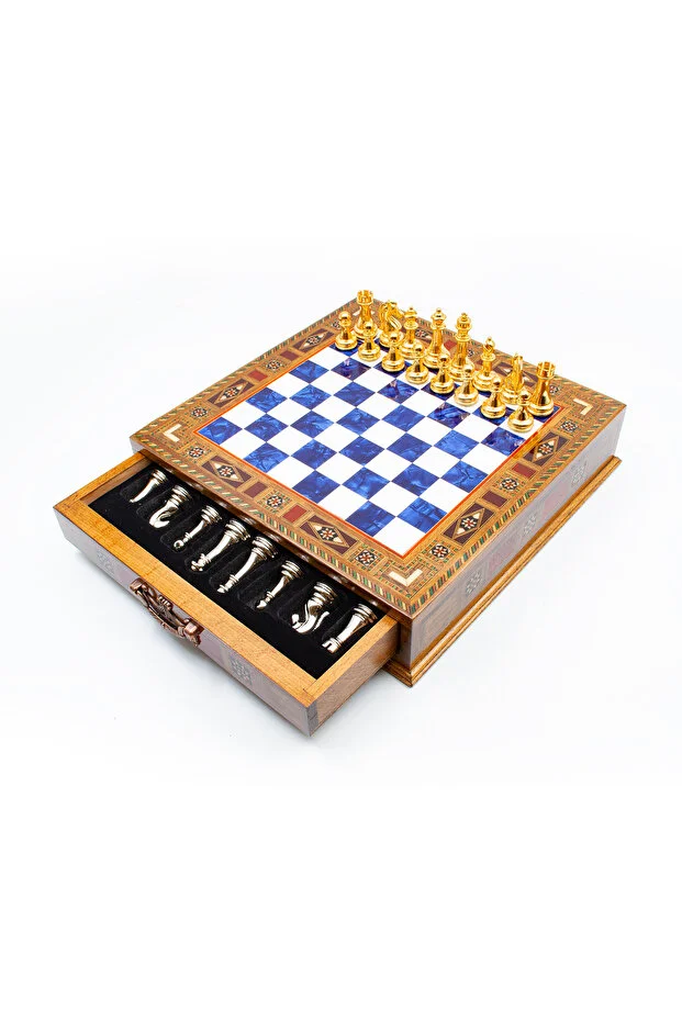 Yüksek Kalite Mavi El işi Satranç Takımı Ahşap Çekmeceli Satranç